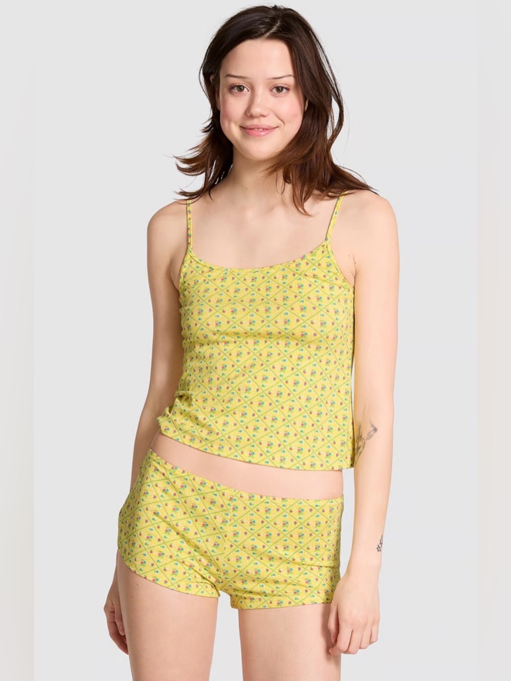 FRANKIES BIKINIS X VS PINK SUNDAY SHORTS & RYDER TANK SET YELLOW FLORAL NWOT LG